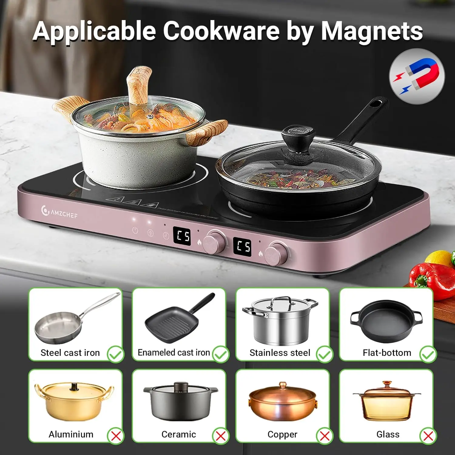 AMZCHEF Double Induction Cooktop with Removable Iron Cast Griddle Pan Non-stick, 1800W 2 burner Portable Induction Stove