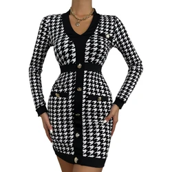 Womens Dresses Elegant Casual Button Houndstooth V Neck Long Sleeve Fashion Mini Dress