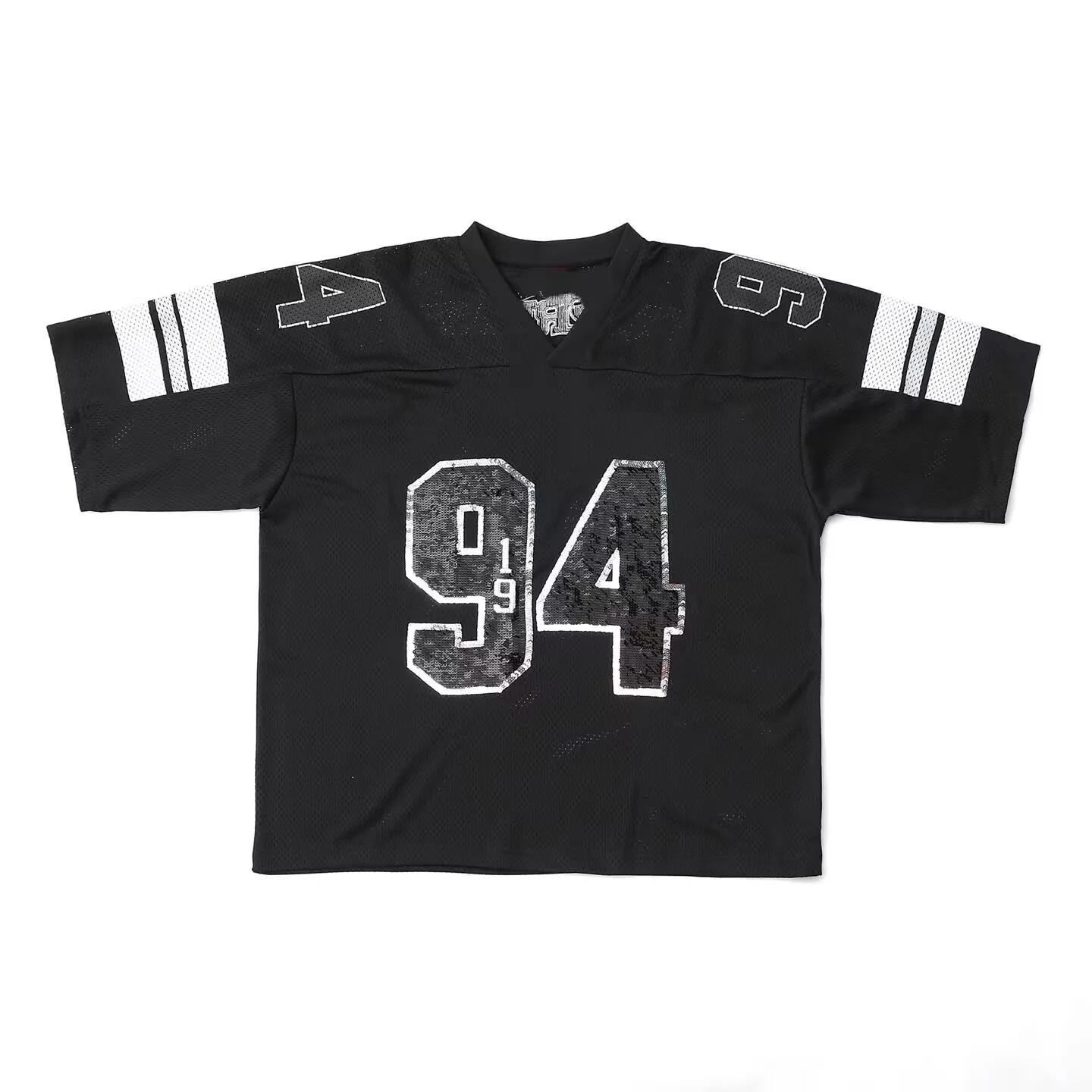 

Vuu Retro Sequin Football Jersey V-Neck Short Sleeve T-Shirt Shiny Beads Mesh Top Breathable Skin-Friendly Standard Fit T-Shirt