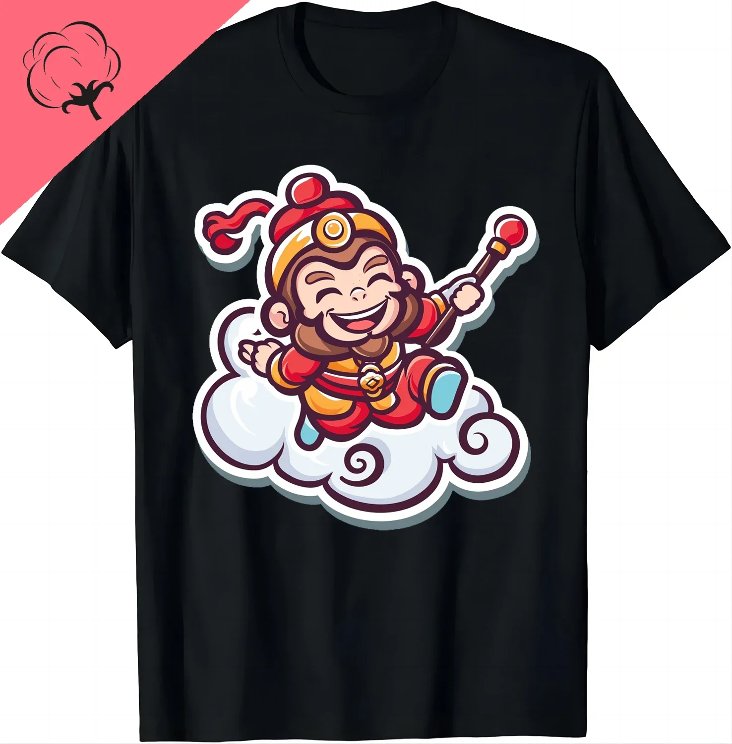 Cotton Unique Cartoon Tee Featuring A Joyful Golden Monkey on Clouds T-shirts Cute Sun Wukong Shirts Graphic T Shirts Kawaii Top