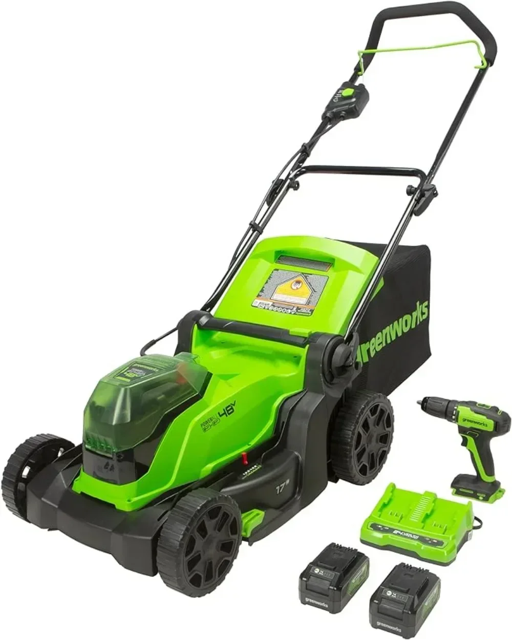 

48V (2 X 24V) 17" Brushless Cordless Lawn Mower + 24V Drill / Driver, (2) 4.0Ah USB Batteries (USB Hub) Garden Tools