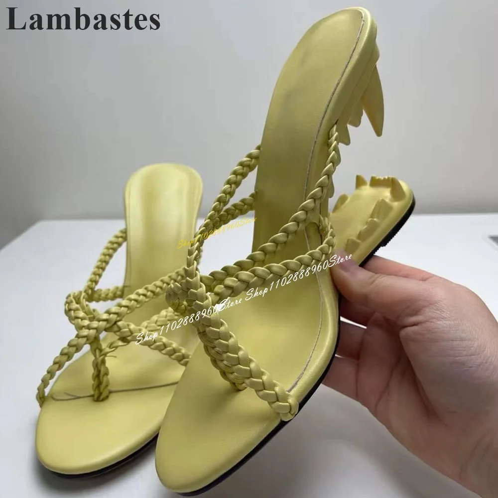 Yellow Knit Strap Teeth Heel Flip Flops Strange Style Heel Shoes For Women Slip On Open Toe 2024 Fashionable Zapatos Para Mujere