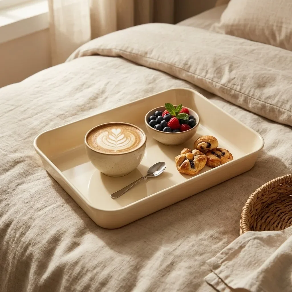 Plastic Storage Tray Rectangular Food Tray Tea Coffee Breakfast Serving Tray Kitchen Storage Organizer Stackable Microwave Safe