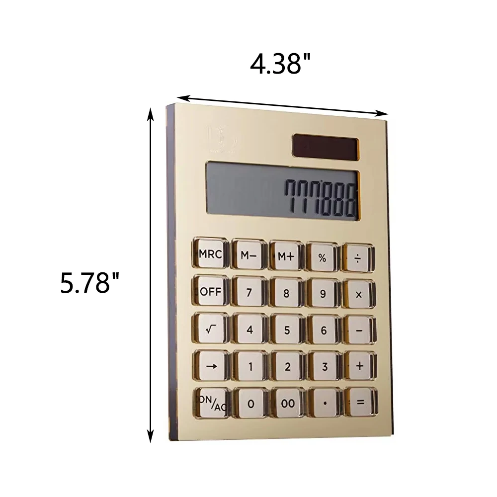 Acrylic Mirror‑Gold 12‑Digits LCD Calculator, Solar Powered Stationery Accessory for Home & Office Daily Use
