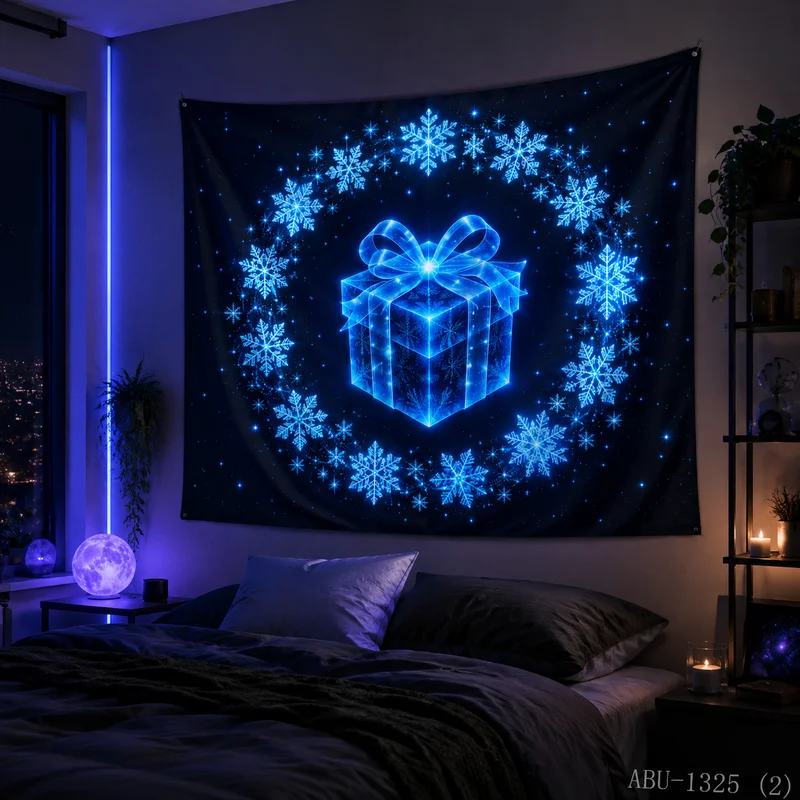 VIKAMA Ice Blue Holographic Gift Box Snowflake Ring Starry Sky Christmas Tapestry Background Hanging Cloth Living Room Decor