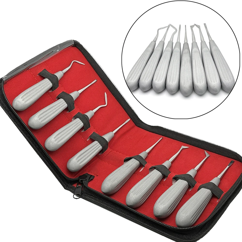 

High quality 8Pcs Dental Elevator Frosted Non-slip Handle Dental Luxating Lift Elevator Kit Curved Root Tooth Extraction Tools