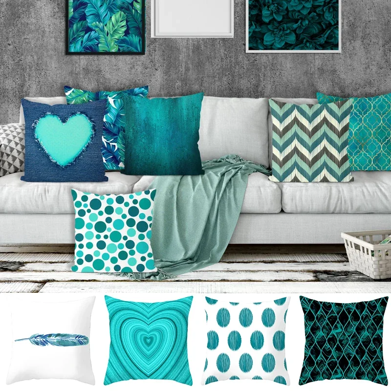 Teal Cushion Cover Leaf Feather Geometric Heart Sofa Pillowcase Bedroom Home Decor Office  Accessories pillow case