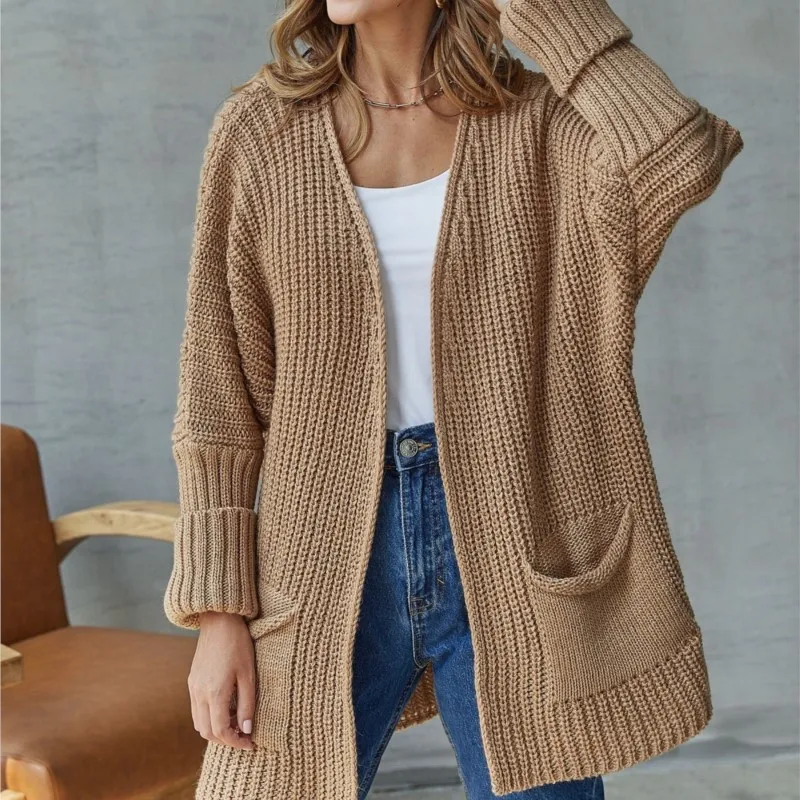 

Сплошной цвет вязаный свитер свитер с длинными рукавами женский свободный свитер средней длины с карманами повседневный кардиган Ropa Mujer