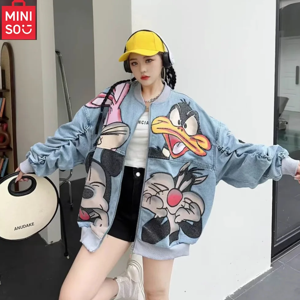 

MINISO denim jacket, women's new spring and autumn outfit, fashionable and stylish cartoon jacket, trendy brand