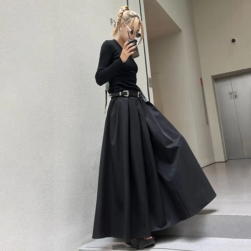 TFETTERS Brand Black Pleated Skirt Women 2024 Spring and Autumn Maxi Skirt New High Waist Long Skirt for Women Clothing