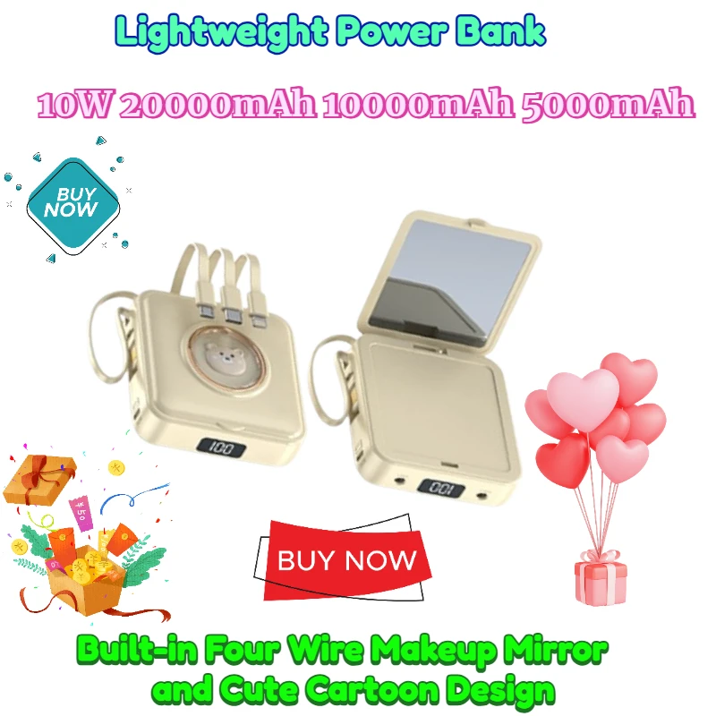 

10W 20000mAh 10000mAh 5000mAh Lightweight Power Bank with Built-in Four Wire Makeup Mirror and Cute Cartoon Design