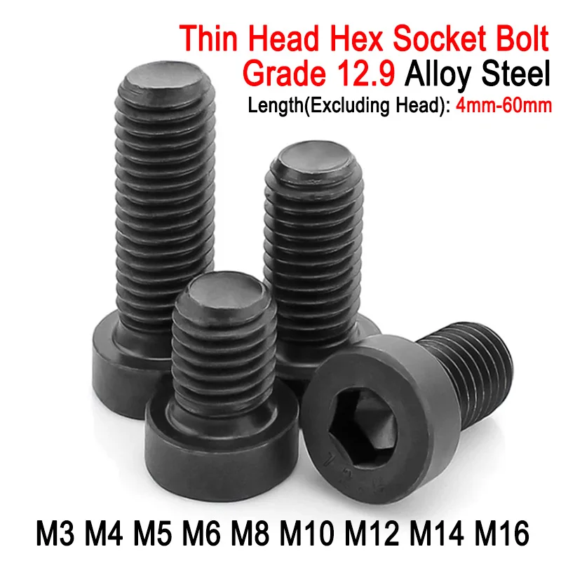 Grade 12.9 Alloy Steel Black M3 M4 M5 M6 M8 M10 M12 M14 M16 Allen Hex Hexagon Socket Thin Short Profile Cap Head Screw Bolt