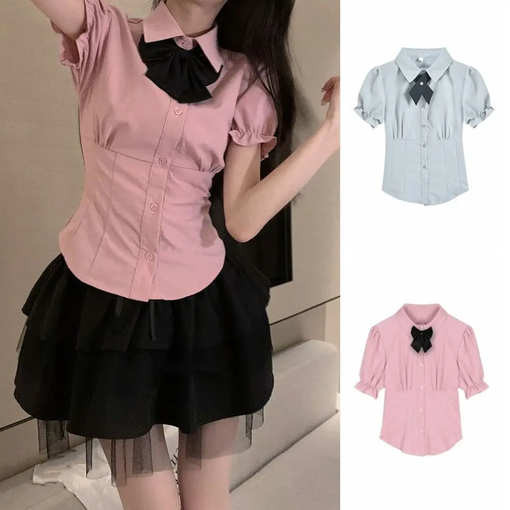 

Korean Style Bowknot JK Short Sleeve Shirts Puff Sleeve Y2K Slim Blouse Women Preppy Style Crop Top Sweet Girls Shirts Student
