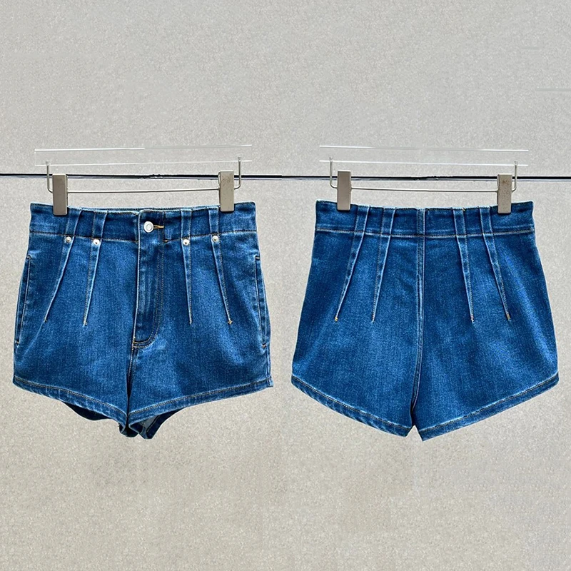 

Women's shorts New high waisted pleated slim fit mini pants for summer 2026 Retro washed denim shorts pure cotton jean shorts