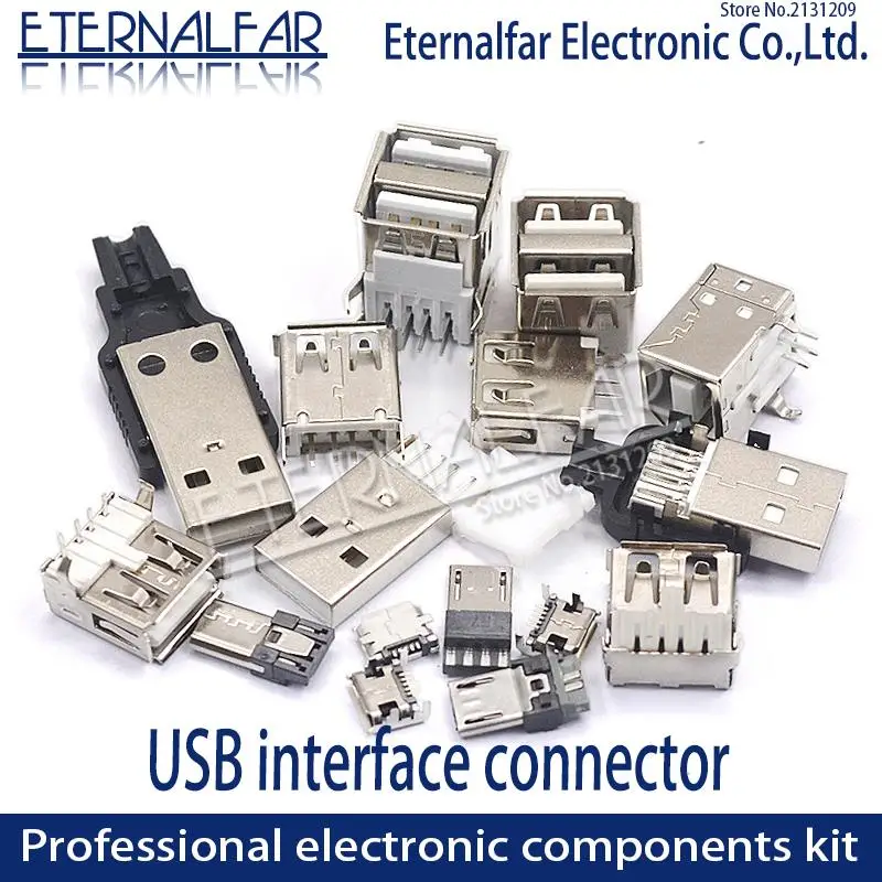 USB 2.0 Interface Connector Socket Type A Female 180 Degree Crimping  DIP Straight Vertical Bend Needle Welding Wire PCB DIY