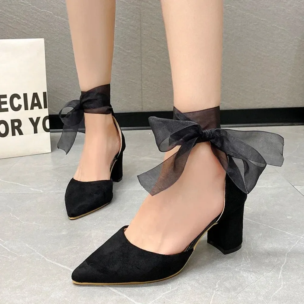 Women's High Heels Dress with Velvet Ribbon Ankle Elegant Single Shoes 2024 Summer Fashion Shallow Mouth Women's High Heels