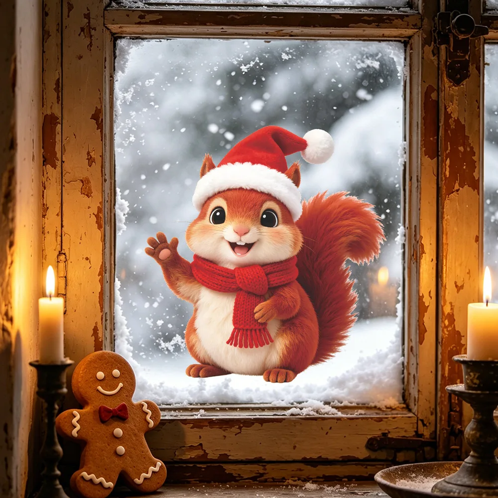 1PC Christmas Squirrel Static Cling Window Sticker Waterproof Glue-free Vinyl Decal for Living Room Bedroom Bathroom Door Glass