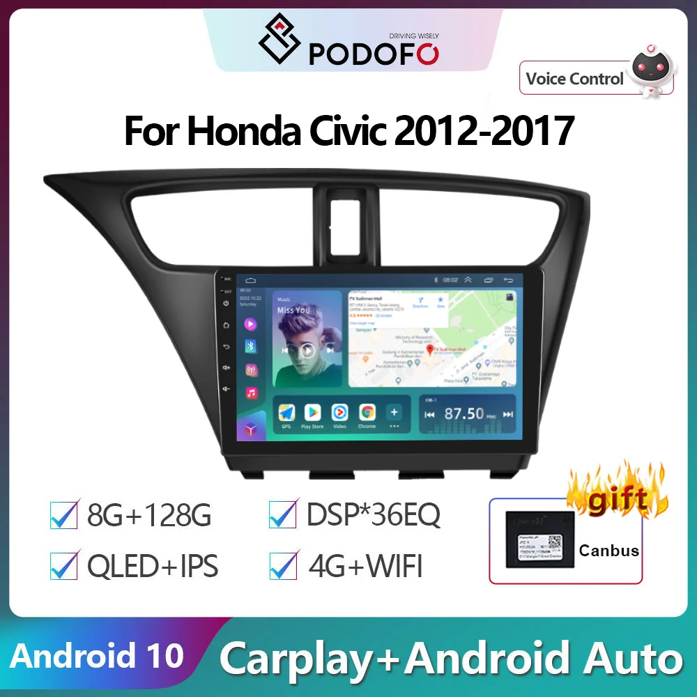 

Автомагнитола Podofo на Android 10, мультимедийный видеоплеер с GPS-навигацией для Honda Civic, европейская версия 2012-2017, 2din, 4G, Wi-Fi, Carplay