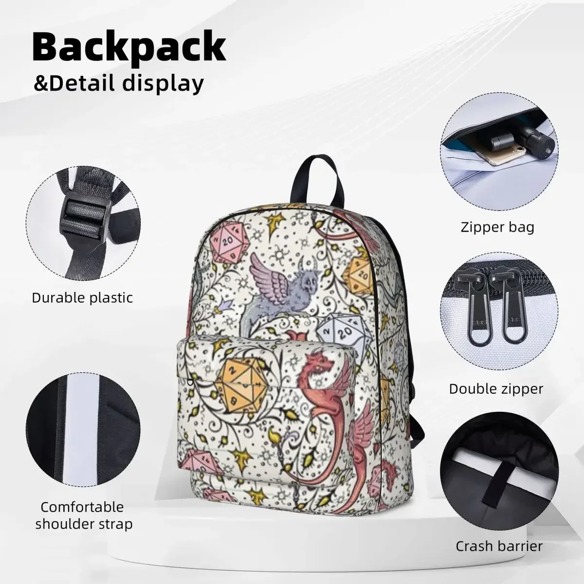 Medieval Dragon And D20 Dice, Dnd Pattern, Floral Woman Backpacks Boys Girls Bookbag Casual Children School Bags Laptop Rucksack