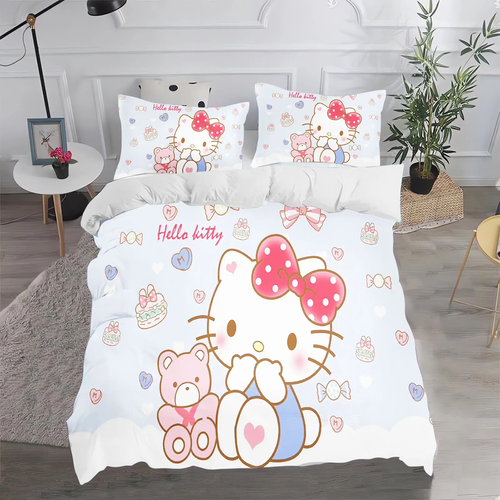 

Комплект постельного белья Hello Kitty для дома, Комплект постельного белья двойного размера, пододеяльник, 100% полиэстер, Детский комплект 3D постельного белья из 3-х предметов, 1 пододеяльник, аниме