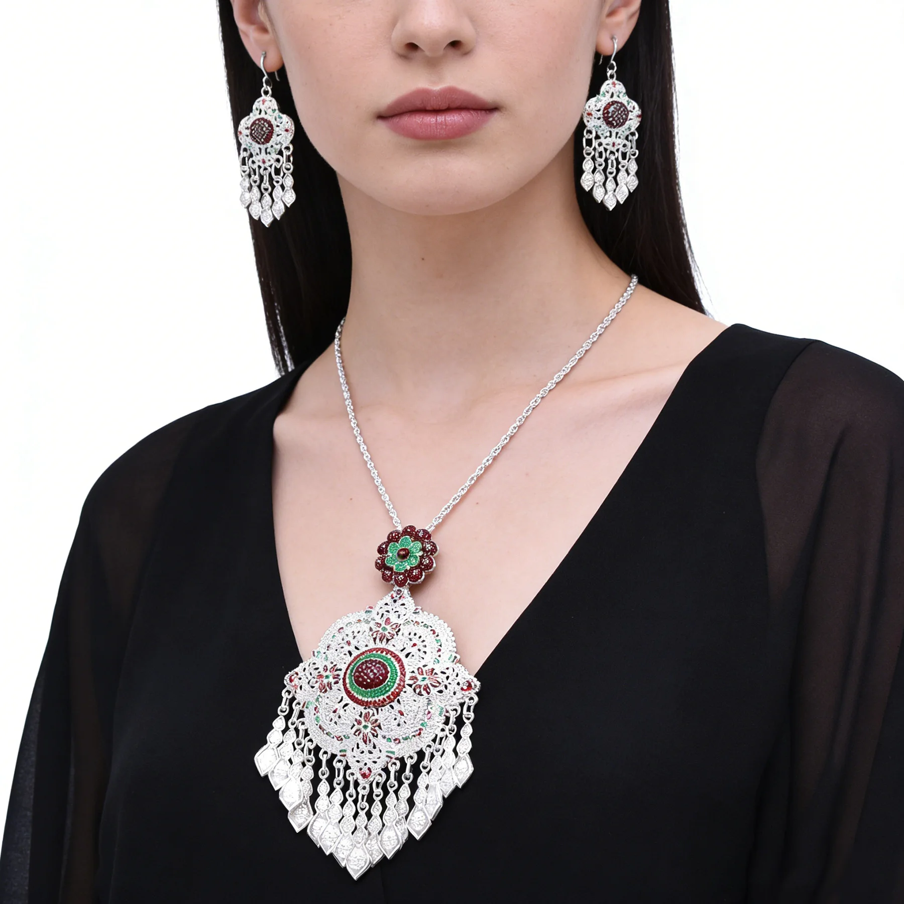 

Ethnic Alloy Drop Hollow Out Geometry Pendant Necklace Earrings For Women Kurdish Turkey India Jewelry Set Elegant Accessories