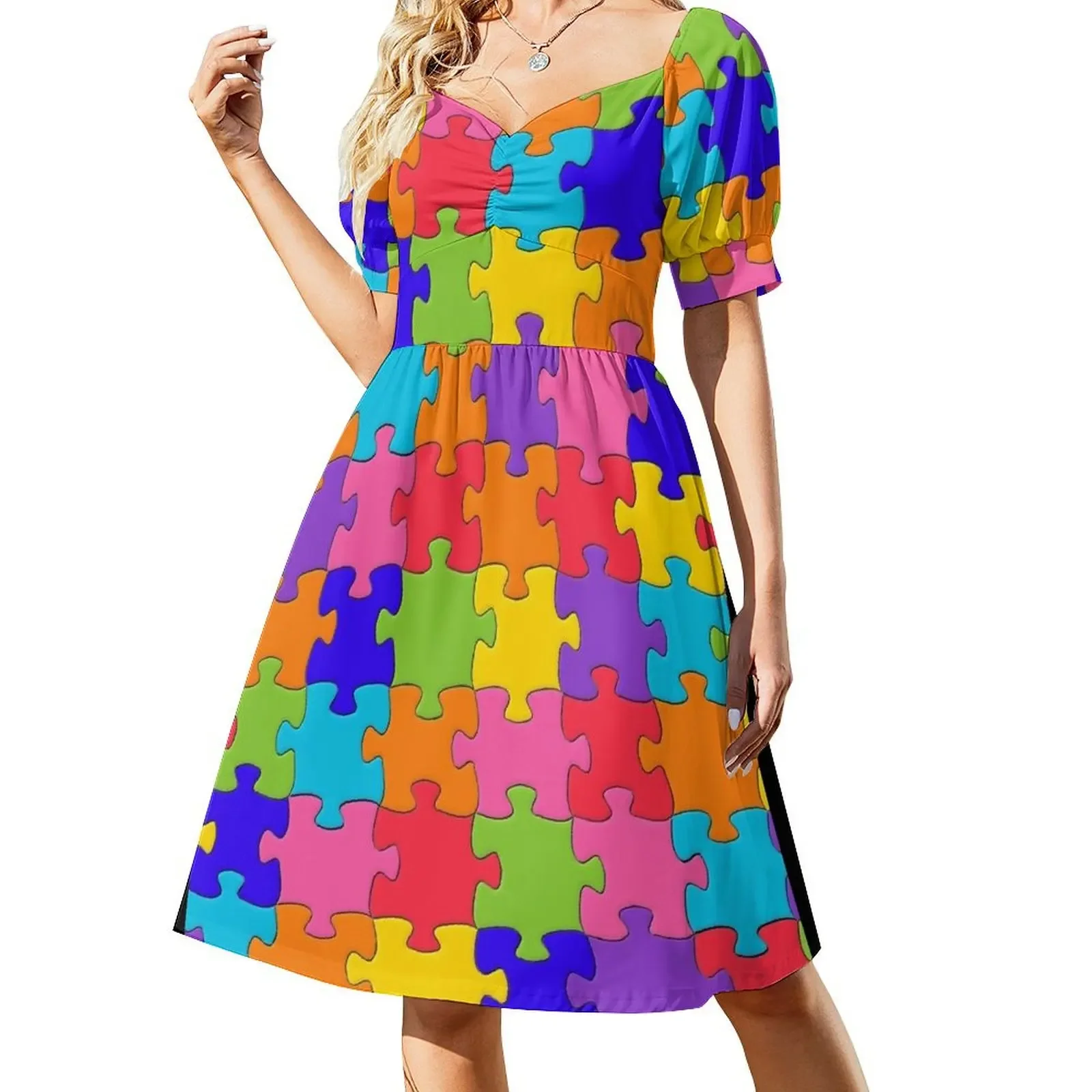 Funny Colorful Jigsaw Solved Puzzle Pieces Sleeveless Dress Dress women luxury dress