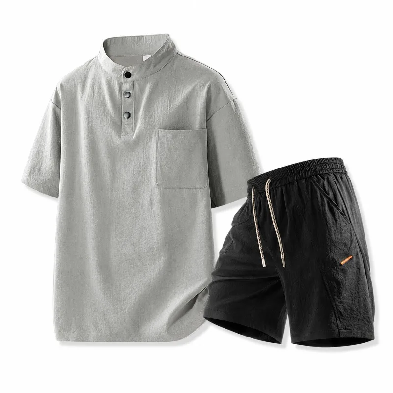 Men Casual 2 Piece Short Set Lightweight Quick Dry Summer Outfit Henley Shirt Drawstring Shorts Relaxed Fit M-8XL