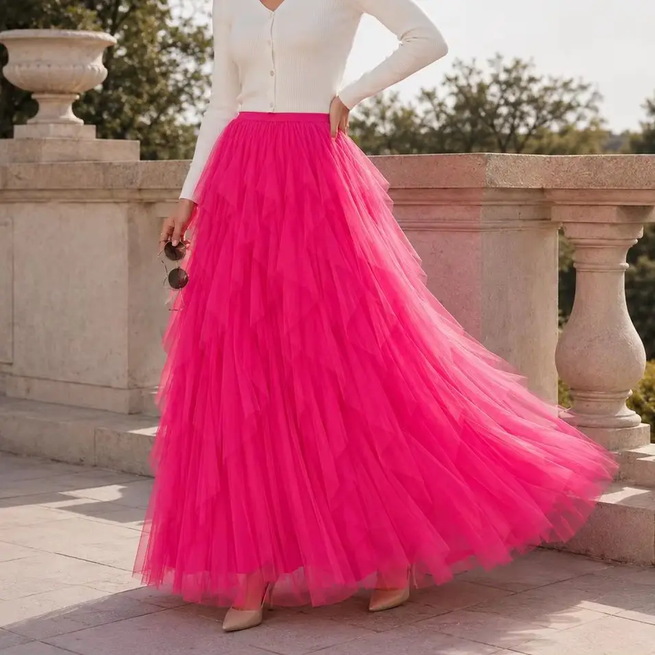 Women High Waist Tulle Long Maxi Skirt Mesh Tutu Pleated Solid Color Elegant Fairycore Spring Summer Party Vacation Skirt