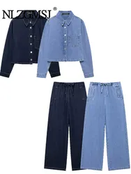 TRAF 2024 autunno Chic donna vestito da Cowboy monopetto giacche larghe pantaloni lunghi moda Denim due pezzi Set