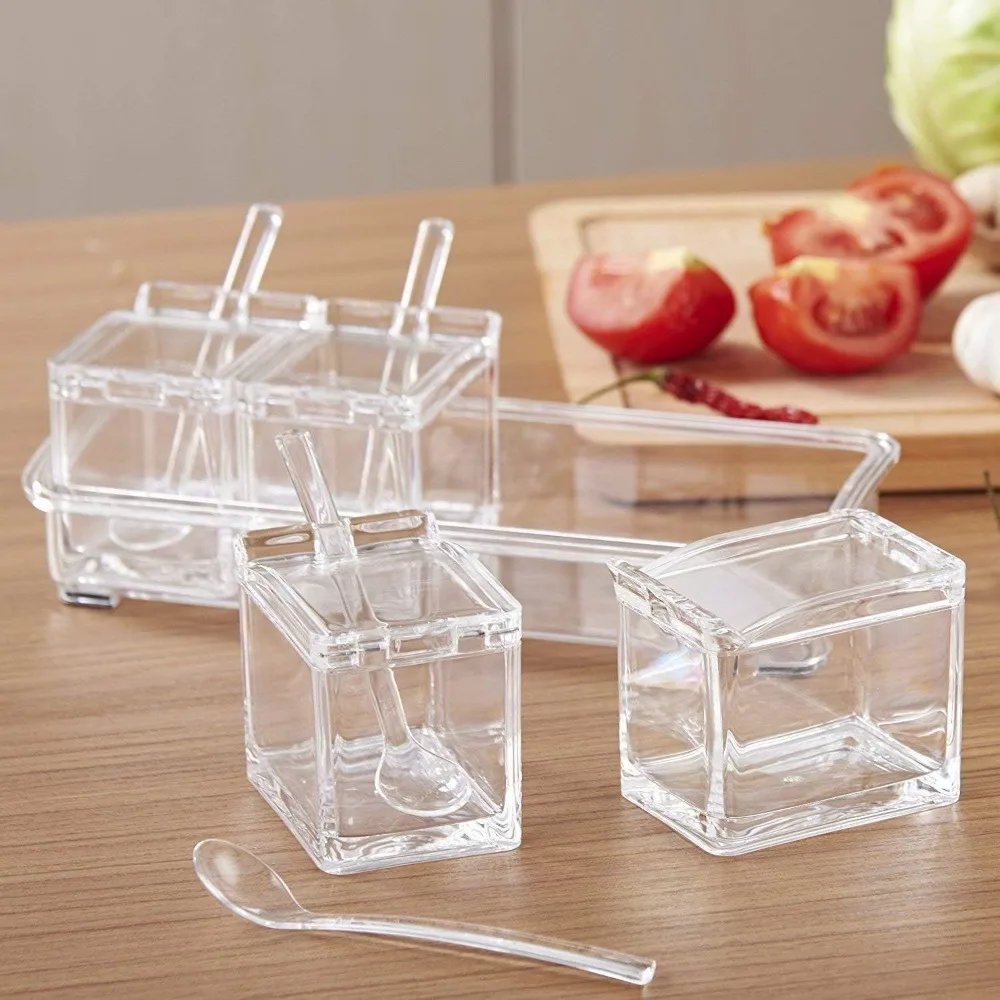 D9 Kitchen Seasoning Box Set Clear Crystal Seasoning Storage Container Seasoning Bottle with Lid Spoon Kitchen Seasoning Tools