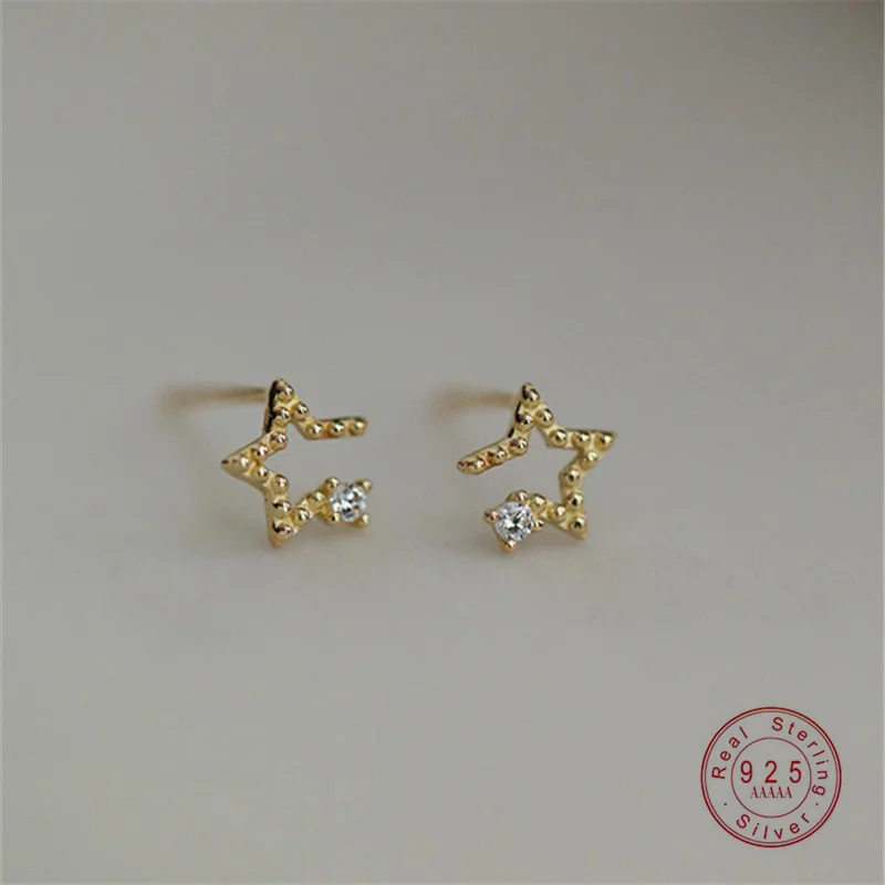 925 Sterling Silver Electroplated 14K Gold Asymmetric Star Zircon Earrings for Women Student Mini Simple Jewelry