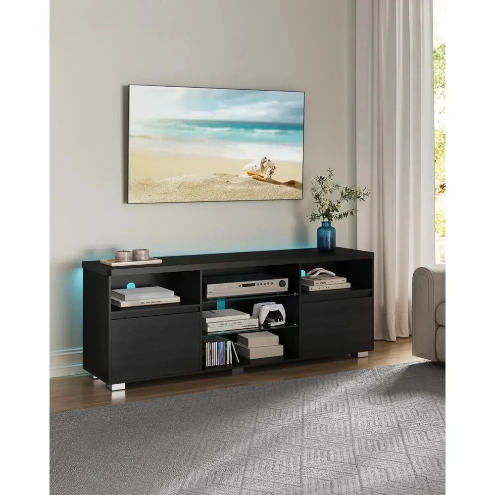 TV Stand with LED Lights for TVs up to 70 Inch, Entertainment Center with Open Glass Shelves, 2 Cabinets with Doors, 63-Inch