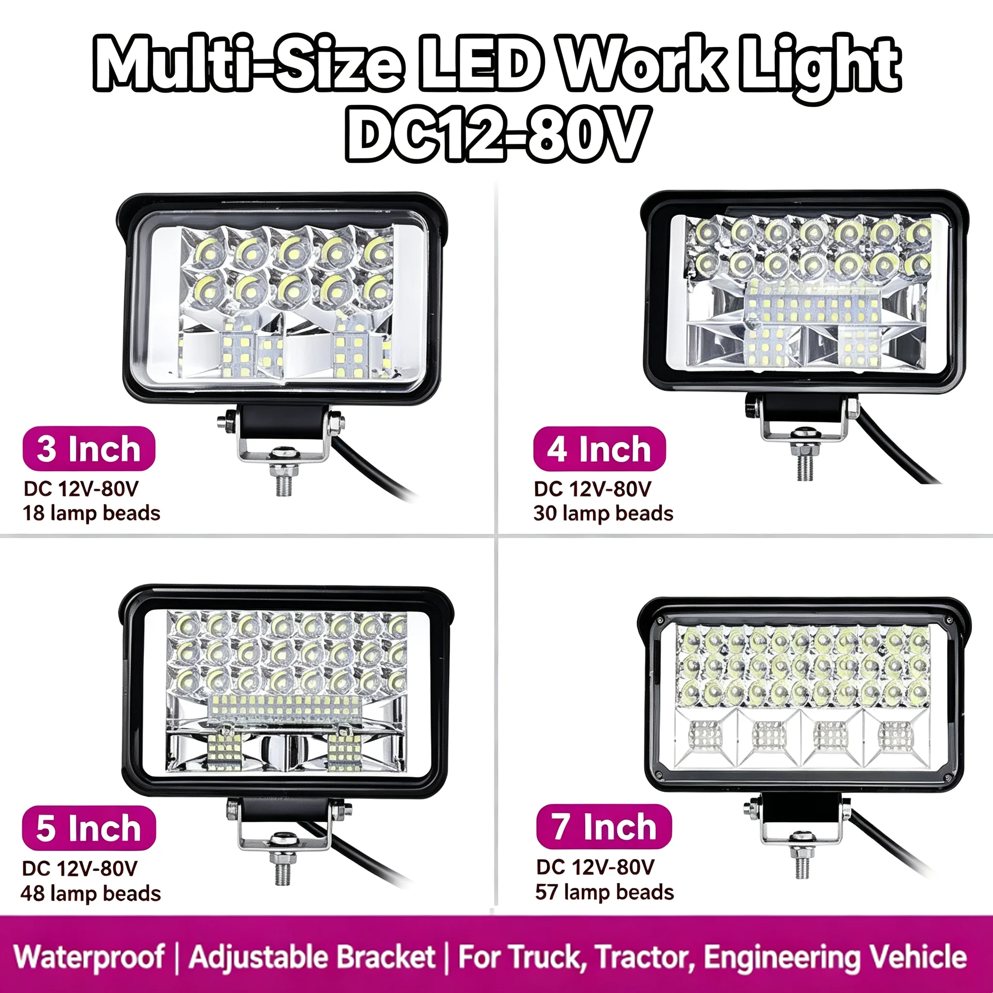 12V 24V Automotive LED Large Field Of View Strong Light White Yellow Light Excavator Harvester Electric Vehicle Truck Spotlight