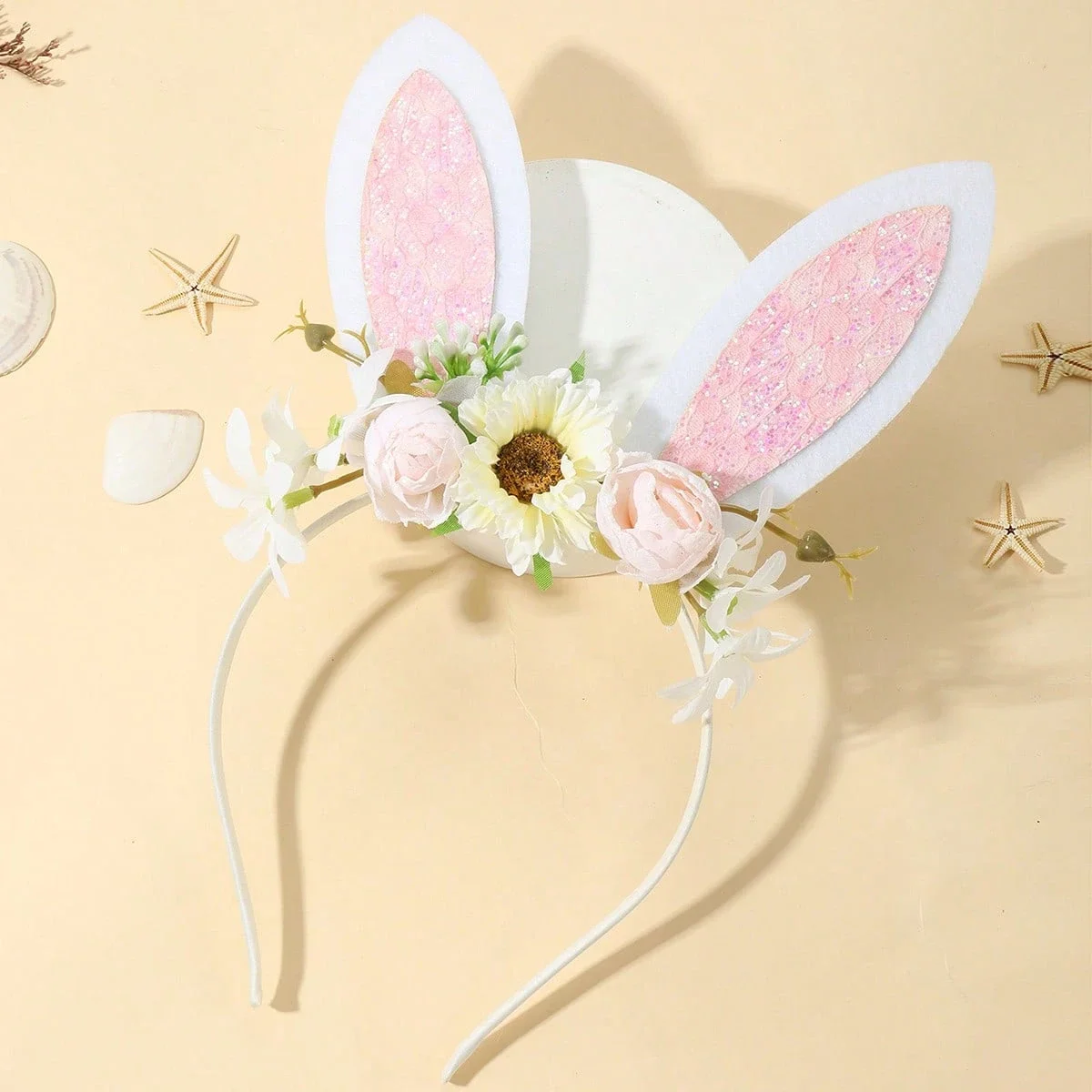 

1 комплект: Пасхальная повязка на голову с цветами из свежего кремового материала и розовым кружевом, с текстурой и блестками, популярна для вечеринок, отпуска, фотосессий