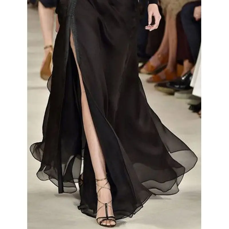 Faldas Largas A Line Long Black Split Skirt Jupe Tulle Y2k Spring Summer Chiffon Vintage Women Ropa Mujer New Streetwear