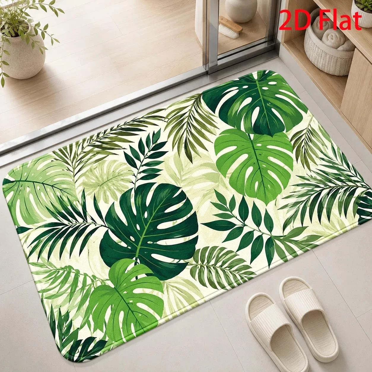 Botanical Floral Door Mat Lush Green Monstera Palm Foliage Pattern Print Front Door Entryway Hallway Home Decor Floor Carpet