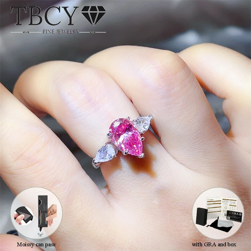 

TBCYD Роскошное женское кольцо с муассанитом розовой груши 1-3 карата, настоящее серебро 925 пробы, сверкающее 3 камня GRA с элегантными обручальными украшениями