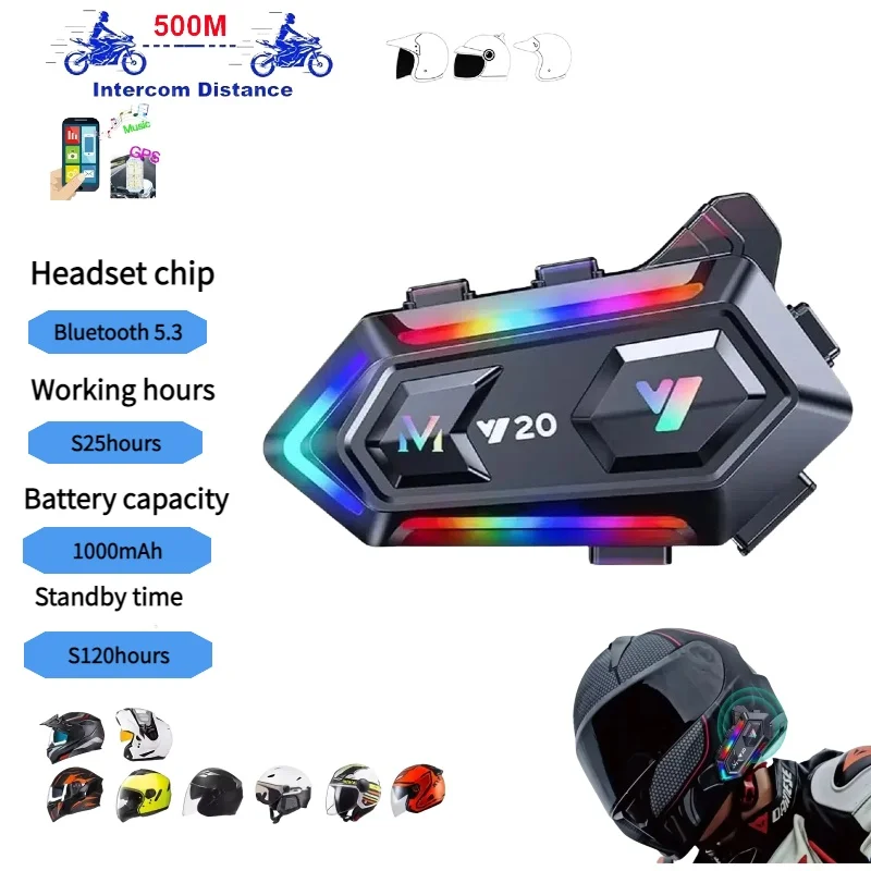 Y20 بلوتوث 5.3 دراجة نارية سماعة خوذة 1000Mah سوبر طويل الاستعداد اللاسلكية حر اليدين مقاوم للماء دراجة نارية سماعة