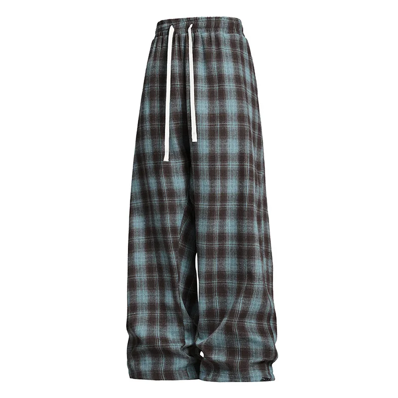 

Large Size Plaid Casual Pants Men's Trendy Brand Cross-Border Vintage Loose Dstring Wide Leg Straight Tube Polyester Fiber