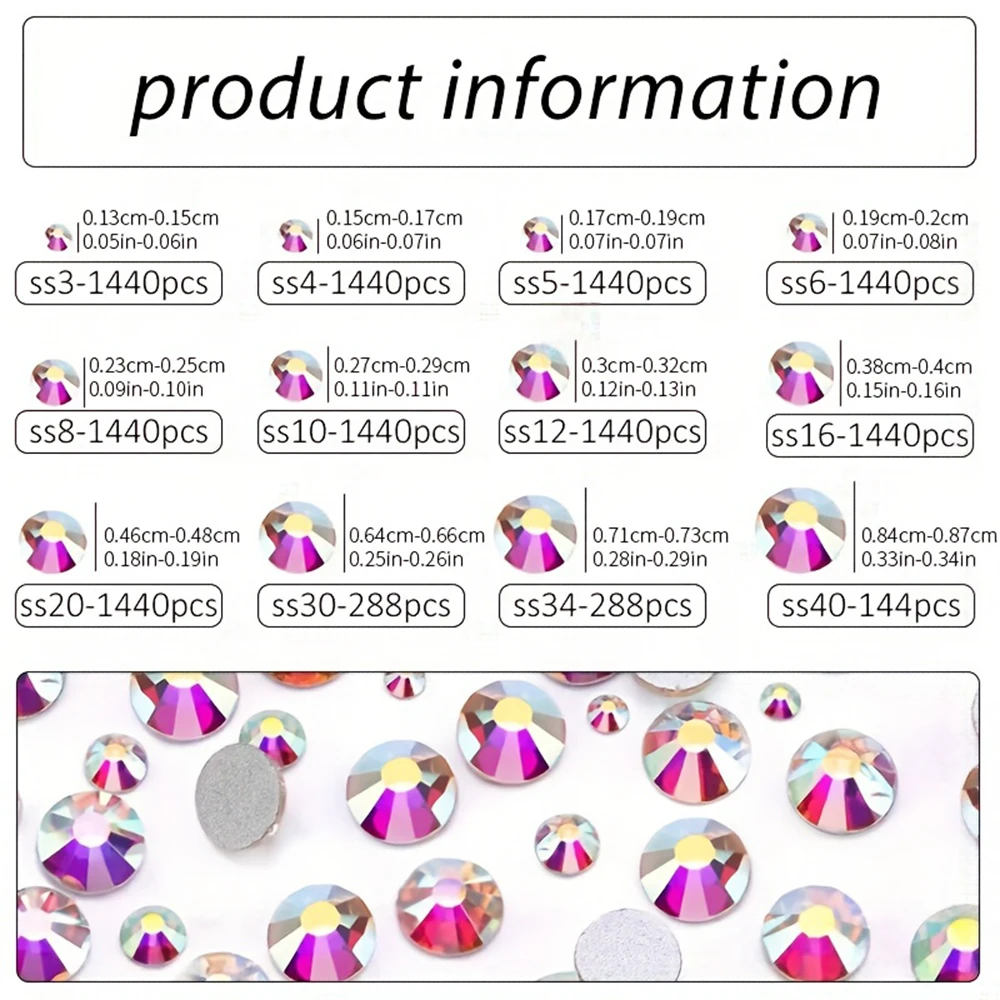1440 個ネイルクリア/AB ガラスストラスヒラタクリスタルラインストーン (SS3-SS30)3D ネイル宝石非ホットフィックスネイルラインストーン