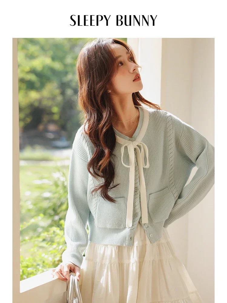 

Colorblock Bow Tie Cardigan Sweater Women Spring Sweet Loose Fit Knit Top Soft Stretchy Round Neck Short Button-Up Cardigan