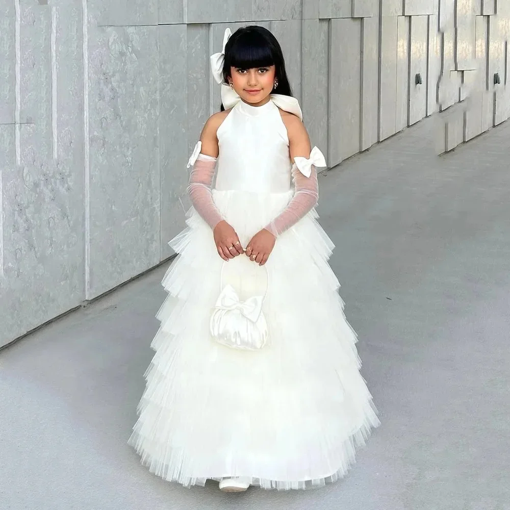 Vestido satinado de flores para niña, vestido de boda sin mangas, corte en A, de tul escalonado, para fiesta de cumpleaños de princesa, vestido de primera comunión personalizado