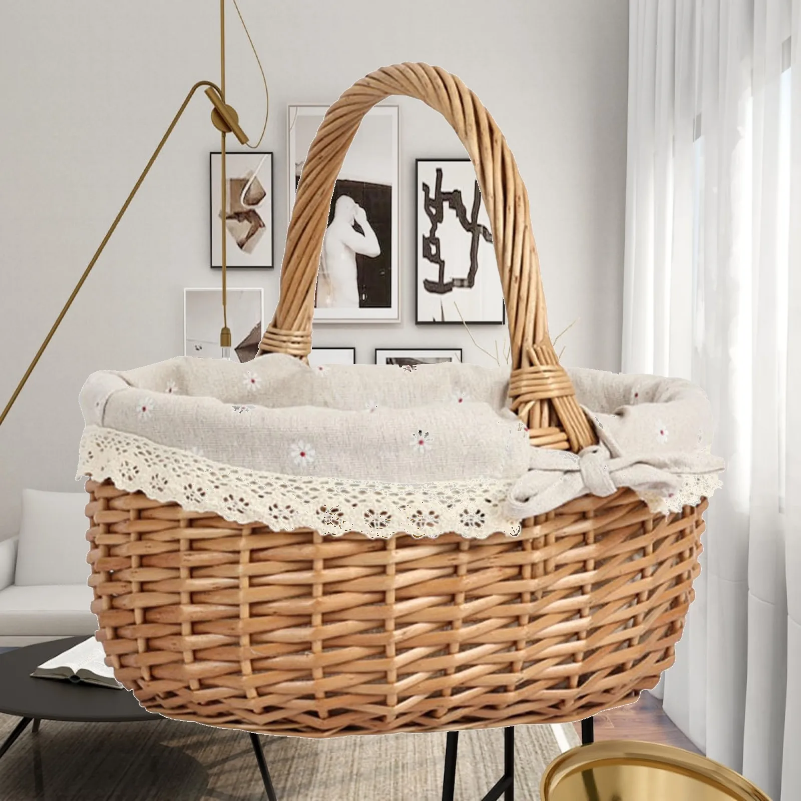 Wicker Picnic Basket Bins Fruit Candy Sundries Organizer Photo Props with Handle for Pantry Garden Bedroom Wedding Farmhouse