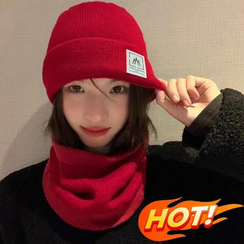 Coral Fleece Hat Scarf Two Sets for Women Men Outdoor Thicken Plus Velvet Mask Cap Winter Warm Knitted Neck Ear Protection Hat