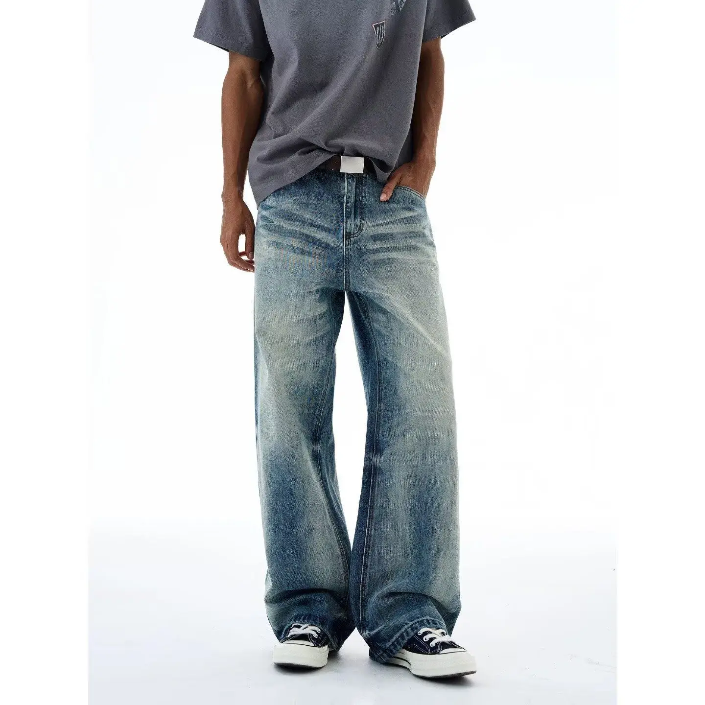 Men's Cat Whisker Patterned Jeans Casual Pants Summer Bottom Wide Legs Sweatpants Boys Male High Waist Unisex Baggy Y2k Trousers