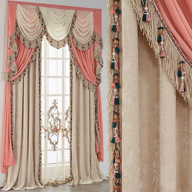 American High-end Customized Pink Beige Velvet Blackout Curtains for Living Room Bedroom French Window Balcony Window Villa