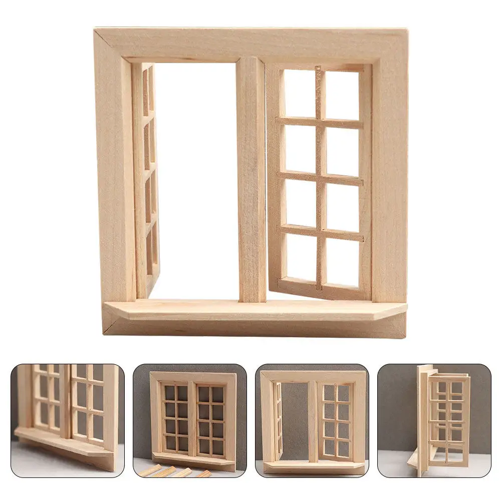 

2Pcs Miniature Wooden Window Frames Uncolored Realistic Design Dollhouse Furniture Parts Mini House Adornment Accessories