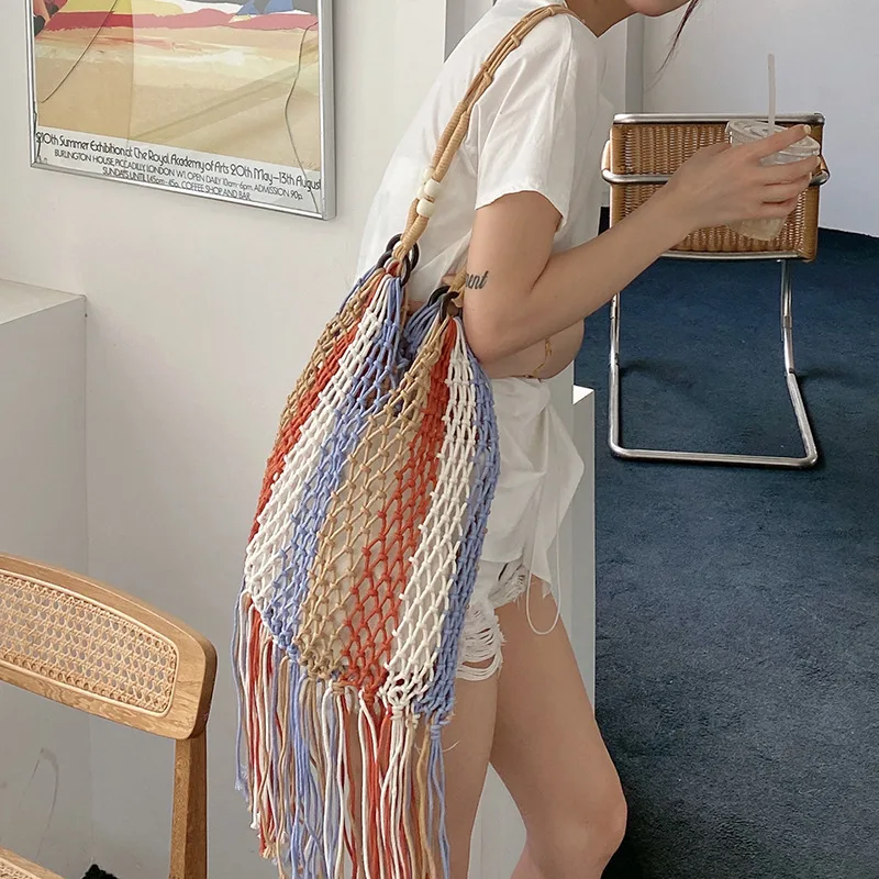 Vacation Color Stripe Tassel Woven Shoulder Bag Hollow Mesh Tote Bag With Liner Large Capacity Beach Straw Bag For Women