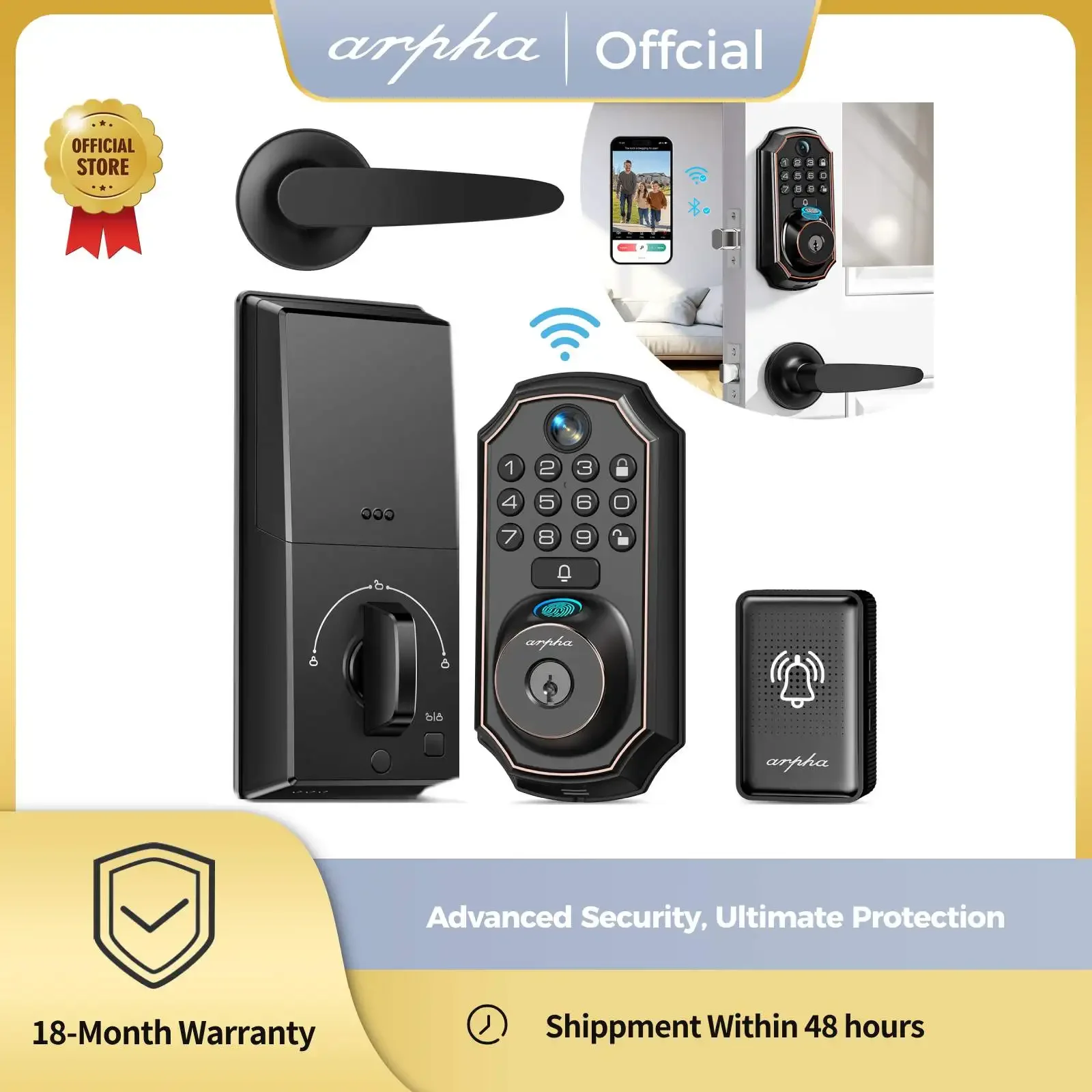 ARPHA スマートロック D289L セット WiFi ビデオロック カメラとドアベル付き 5-in-1 指紋認証キーレスエントリー 双方向オーディオアプリ制御