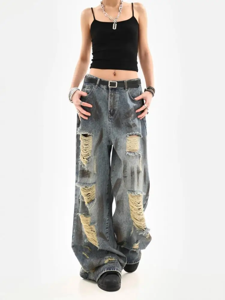 Dames tie-dye noodlijdende vintage gescheurde jeans zomer Y2K high street Amerikaanse stijl losse casual hoge taille wijde pijpen broek